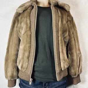 Vintage Lilli Ann Tan Faux Fur Full Zip Bomber Jacket Women's Medium Ribbed Trim